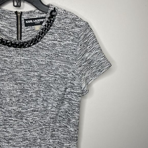 KARL LAGERFELD Dress Womens 2 Black White Tweed Woven Sheath Dress Short Sleeve - Picture 2 of 9